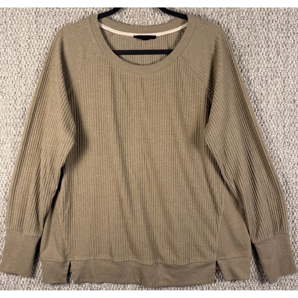 Jane Delancey Ribbed Knit Pullover Top Large Tan Taupe Crewneck Raglan Casual L